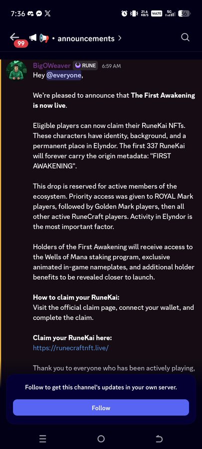 A Discord screenshot of an announcement from Big0Weaver about 'The First Awakening' RuneKai NFT drop, detailing how eligible players can claim their NFTs and access staking program benefits.