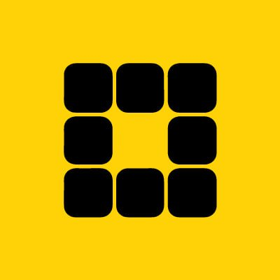 A yellow square logo featuring a 3x3 grid of black rounded squares with the center square missing.