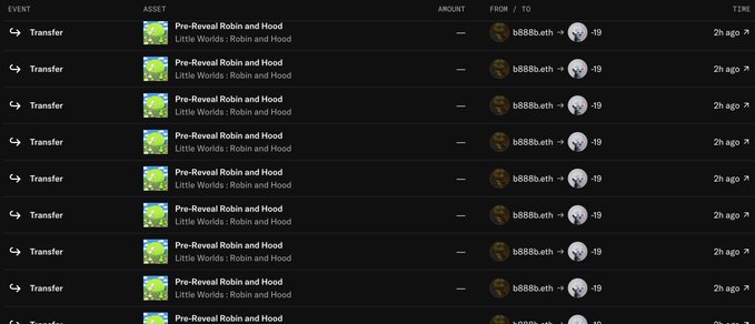 A transfer history list showing multiple 'Pre-Reveal Robin and Hood' NFT transfers from user 'b888b.eth' to user '-r9' (visible as -0.49 amounts), all occurring 2 hours ago.