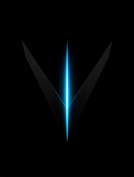 A minimalist dark image featuring a glowing blue vertical light line between two dark angular shapes against a black background.