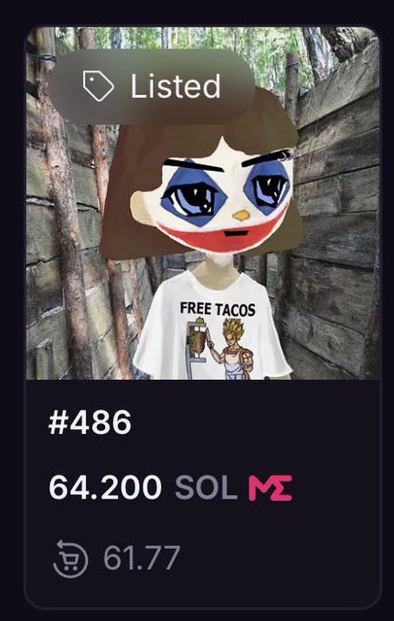 A digital trading card showing an avatar character wearing a "FREE TACOS" t-shirt, listed for 64.200 SOL (token #486) on Magic Eden. The image illustrates the post about the user selling their OG Retardio NFT, featuring the "Listed" badge that corresponds to their decision to put the piece up for sale at nearly their original purchase price.
