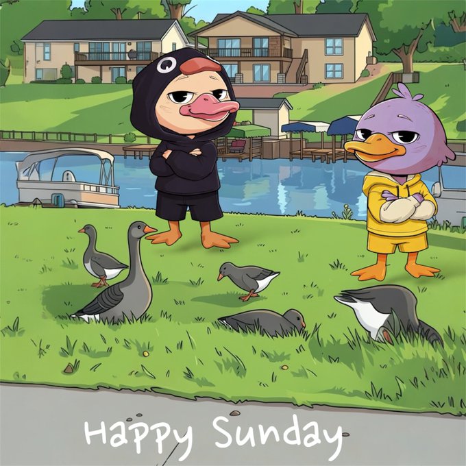 A cartoon scene shows a penguin-like character in a hoodie and a purple duck standing with crossed arms near geese on grass by a lake, with 'Happy Sunday' text at the bottom.