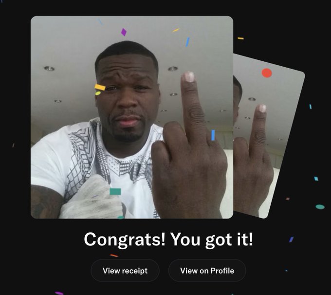 A Cash App success screen featuring a meme of 50 Cent flipping the bird with confetti, reading "Congrats! You got it!" with options to "View receipt" and "View on Profile".