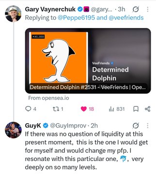 A Twitter thread shows Gary Vaynerchuk and Guy K reacting to an OpenSea listing for "Determined Dolphin #2531 - VeeFriends."