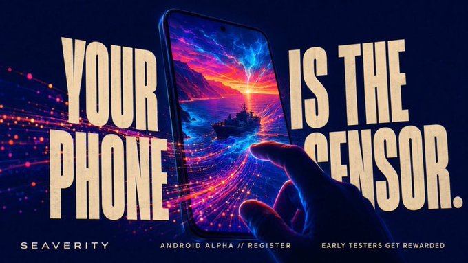 A vibrant promotional banner for 'SEAVERTY' with the slogan 'YOUR PHONE IS THE SENSOR,' featuring a hand touching a smartphone displaying a colorful sunset, and text indicating 'ANDROID ALPHA // REGISTER' and 'EARLY TESTERS GET REWARDED.'