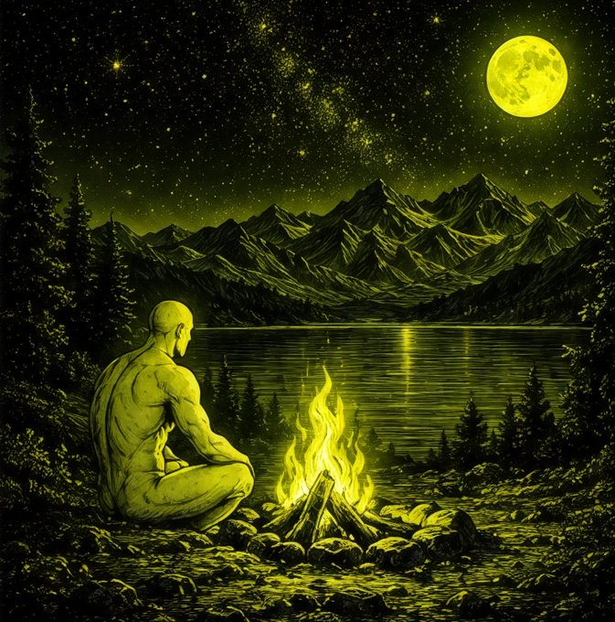 A stylized illustration in green and yellow tones showing a figure sitting by a campfire beside a lake at night, with mountains, pine trees, and a full moon in the background.