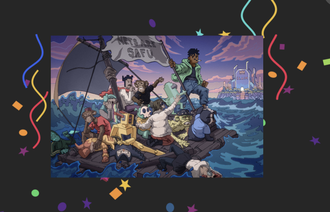 A colorful cartoon illustration of various characters on a raft sailing on rough seas toward a futuristic city, with a 'SAFU' banner and festive confetti surrounding the image.