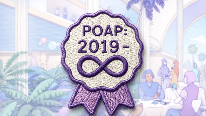A badge-style emblem displaying "POAP: 2019-" alongside an infinity symbol, referencing the Proof of Attendance Protocol that marks the user's presence at their first Ethereum conference, DappCon, in August 2019. The purple, ribbon-shaped design symbolizes a memorable memento from their early days in the Web3 space.