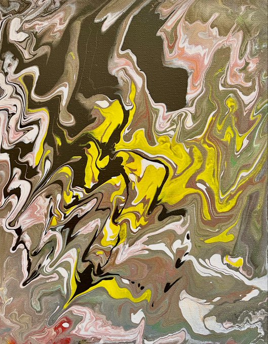 An abstract painting with swirling, marbled patterns in yellow, black, white, pink, and gray tones.