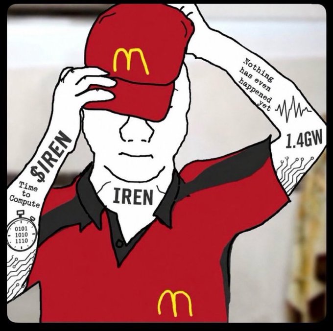 This image depicts a stylized figure wearing a McDonald's uniform with the text "$IREN" and "Time to Compute" on its arm, hinting at the post's message about the ticker $IREN. The tattoos and branding suggest a connection to computing power and a waiting period for technological advancements.