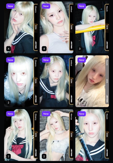 A grid of nine trading cards, each labeled "New" and featuring a blonde-haired individual with names like "Doowy," "Jisoul," "Na-in," "Country," "JerSoul," "Tha-min," and "Nin-Lip" alongside "202A" and "ARTRBS" text, relates to the post about scanning everything into Cosmo by showing newly digitized collectible cards organized in a digital portfolio app.