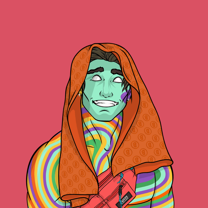 A cartoon-style digital illustration of a person with green skin, white eyes, a wide grin, and an orange patterned hood, wearing a colorful rainbow-striped shirt and a pink crossbody bag, set against a solid pink background.