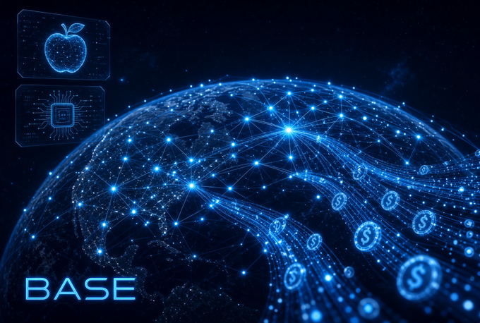 The image features a digital globe illuminated with blue network nodes and glowing dollar sign tokens flowing across its surface, alongside icons of an Apple logo and a computer chip in the upper left corner, with the word "BASE" displayed in the bottom left—visually representing Base's role as an Ethereum L2 enabling global tokenized assets like Apple stock.