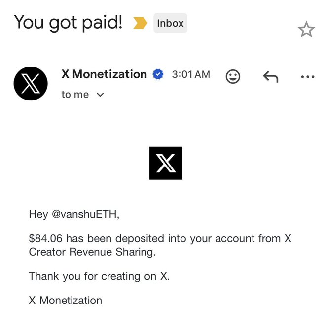 An email notification from X Monetization stating 'You got paid!' with $84.06 deposited into the account of @vanshuETH from X Creator Revenue Sharing.