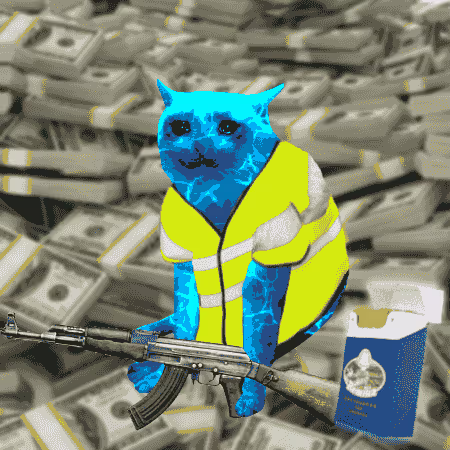 A surreal image showing a blue cat wearing a yellow safety vest, holding an AK-47 rifle and a carton of milk, sitting on a background of stacked bundles of US dollar bills.