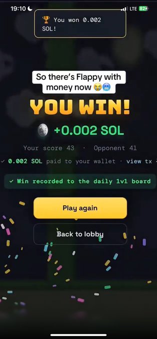 A mobile game victory screen showing 'YOU WIN!' with a reward of +0.002 SOL, where the player scored 43 against opponent's 41.