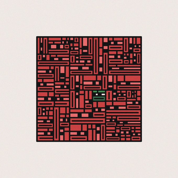 A square abstract illustration composed of red and black rectangular blocks arranged in a maze-like pattern with a single green square accent in the center.