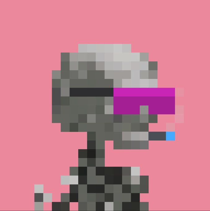 A pixel-art character with gray hair and a magenta visor smoking a cigarette, set against a pink background.
