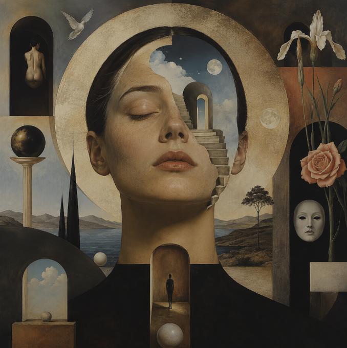 A surreal digital artwork featuring a woman's serene face encircled by a golden halo, with a stairway ascending into the night sky within her silhouette, surrounded by symbolic imagery including a dove, moon, and a small figure in an archway.