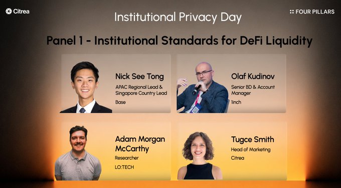 A presentation slide titled 'Institutional Privacy Day - Panel 1 - Institutional Standards for DeFi Liquidity' introduces speakers Nick See Tong (Base), Olaf Kudinov (1inch), Adam Morgan McCarthy (LO:TECH), and Tuyce Smith (Citrea).