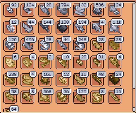 A grid of pixel-art inventory icons showing various items with numerical values above them, displayed on an orange background.