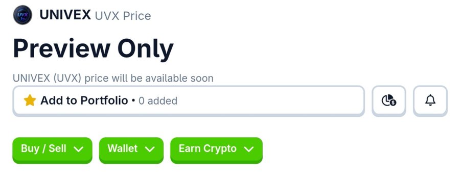 A CoinMarketCap-style price page for UNIVEX (UVX) showing 'Preview Only' with a message that the price will be available soon, alongside 'Add to Portfolio' and trading options.