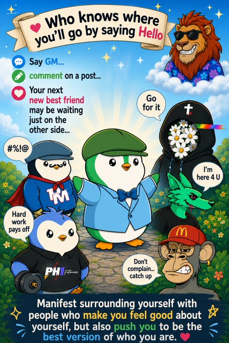 A colorful cartoon infographic titled 'Who knows where you'll go by saying Hello' featuring various crypto mascots including a penguin in a green hat, a lion in sunglasses, and characters representing PH Fitness, Templar, and McDonald's, with motivational text about manifesting positivity.