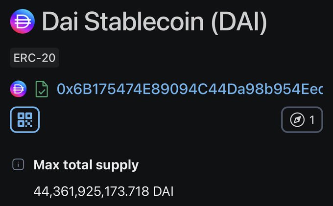 Crypto token info screen for 'Dai Stablecoin (DAI)' showing its ERC-20 status, contract address 0x6B175474E89094C44Da98b954E..., and a max total supply of 44,361,925,173.718 DAI.
