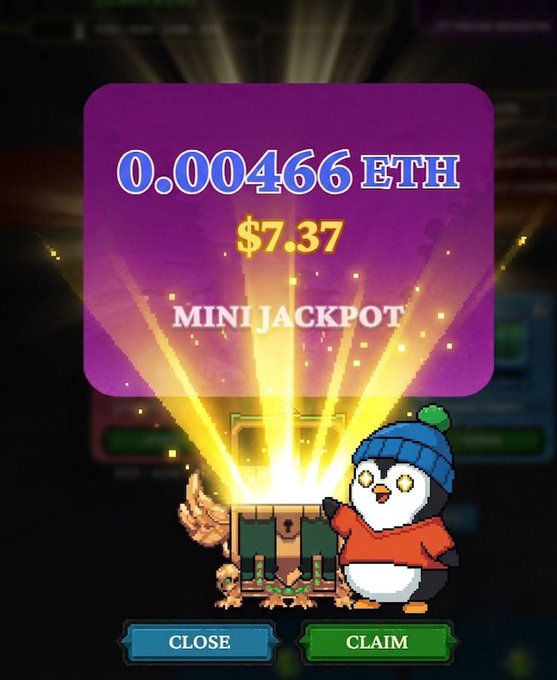 A mobile game jackpot screen showing a win of 0.00466 ETH ($7.37) labeled 'MINI JACKPOT,' featuring a cartoon penguin character in winter clothing and a treasure chest.