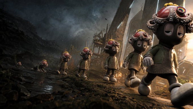 A line of identical, round-headed characters with elaborate headdresses walking through a dark, muddy, post-apocalyptic landscape in a 3D rendered scene.