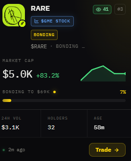 The image shows a token terminal dashboard for the "$RARE" token on lemon.fun, displaying a market cap of $5.0K (+83.2%), 24-hour trading volume of $3.1K, 32 holders, and a token age of 50 minutes, with a bonding progress at 7%. The post promotes this newly launched memecoin, highlighting its early-stage stats as shown in the terminal preview.