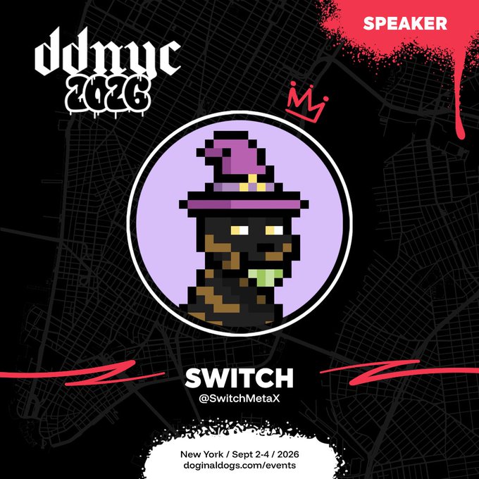 A promotional poster featuring a pixel-art character in a purple wizard hat, with text 'ddmyc 2026', 'SPEAKER', 'SWITCH', '@SwitchMetaX', and 'New York / Sept 2-4 / 2026' at the bottom.