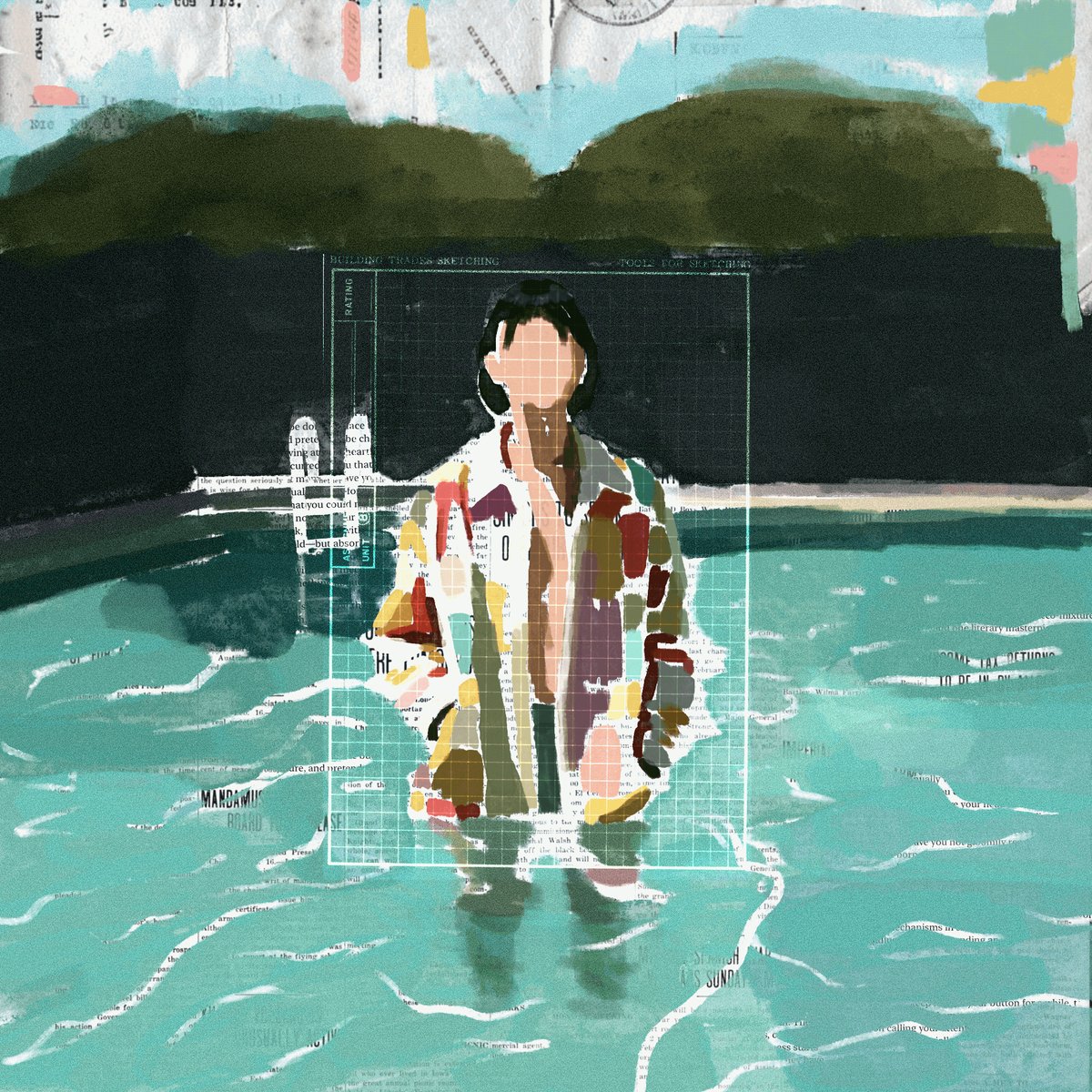 The image features a person standing in water, wearing a colorful jacket that stands out against the blue background of the pool. The person appears to be looking at the camera while they are submerged in the water. The surrounding area includes trees and other objects, adding depth and context to the scene.