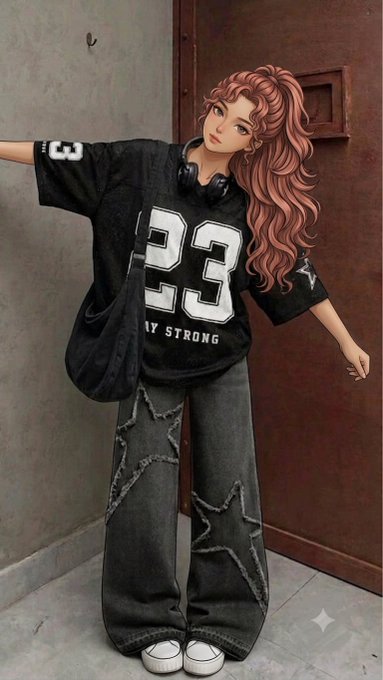 An animated illustration of a woman with long wavy hair wearing an oversized black jersey with the number '33' and 'STAY STRONG' text, paired with star-patterned baggy jeans.
