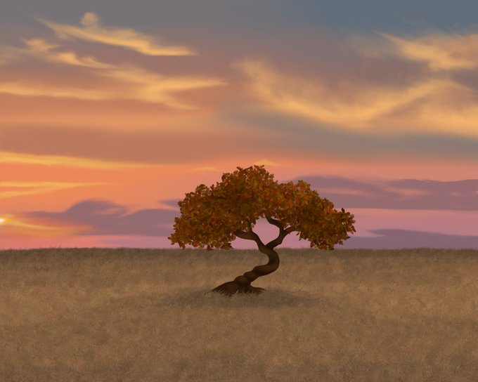 A digital painting depicts a lone twisted tree with autumn-colored foliage standing in a grassy field under a dramatic sunset sky with pink, orange, and purple clouds.