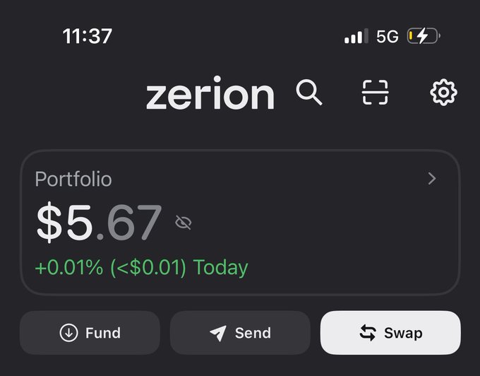 A screenshot of the 'zerion' mobile app interface on a dark theme, displaying a portfolio value of '$5.67' with a '+0.01% (<$0.01) Today' change and buttons for 'Fund', 'Send', and 'Swap'.