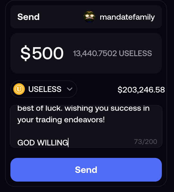 A crypto transfer screen shows a $500 send of 13,440.7502 $USELESS to “mandatefamily,” with the note: “best of luck. wishing you success in your trading endeavors! GOD WILLING.” This matches the accompanying post’s claim of airdropping $500 worth of $USELESS on FOMO.