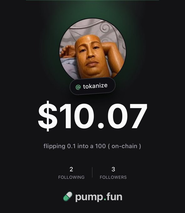 A mobile app screenshot displaying a profile for '@tokanize' with a balance of $10.07, tagline 'flipping 0.1 into a 100 (on-chain)', and 'pump.fun' logo at the bottom.