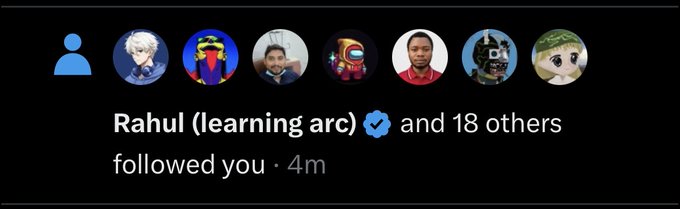 Social media notification indicating 'Rahul (learning arc) and 18 others followed you' shown 4 minutes ago, with a row of circular profile pictures.