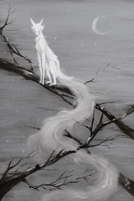 A black-and-white digital painting of a white fox-like creature with a long flowing tail perched on bare tree branches beneath a crescent moon.