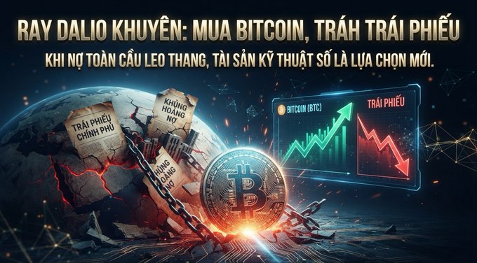 The image features a stylized graphic of a cracked Earth with broken chains and documents labeled "Trái Phiếu Chính Phủ" (Government Bonds) and "Khủng Hoảng Nợ" (Debt Crisis), alongside a prominent Bitcoin coin and a chart showing Bitcoin's upward trend contrasted with a declining "Trái Phiếu" (Bond) line, all under the headline "Ray Dalio Khuyến: Mua Bitcoin, Tránh Trái Phiếu – Khi Nợ Toàn Cầu Leo Thang, Tài Sản Kỹ Thuật Số Là Lựa Chọn Mới" (Ray Dalio advises: Buy Bitcoin, avoid bonds as global debt rises and digital assets become the new choice). This visual reinforces the article's theme of Dalio's recommendation to invest in Bitcoin over bonds amid escalating global debt concerns.
