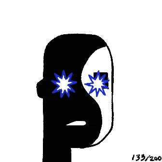 A stylized black silhouette of a face with blue star-shaped eyes on a white background, numbered '133/200' in the bottom right corner.