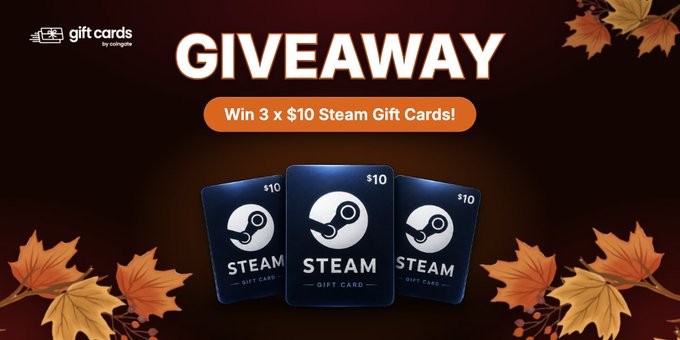A promotional graphic advertising a GIVEAWAY for 3 x $10 Steam Gift Cards, decorated with autumn leaves.