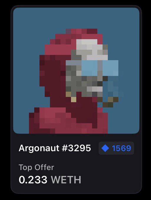 A pixel art NFT card labeled 'Argonaut #3295' with a top offer of 0.233 WETH and an ETH price of 1569, depicting a hooded red-cloaked figure with a blue-lit face.