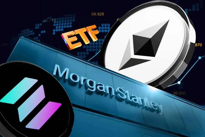 A news-style graphic showing logos for 'ETF', Ethereum, Morgan Stanley, and Solana against a dark background with financial data.