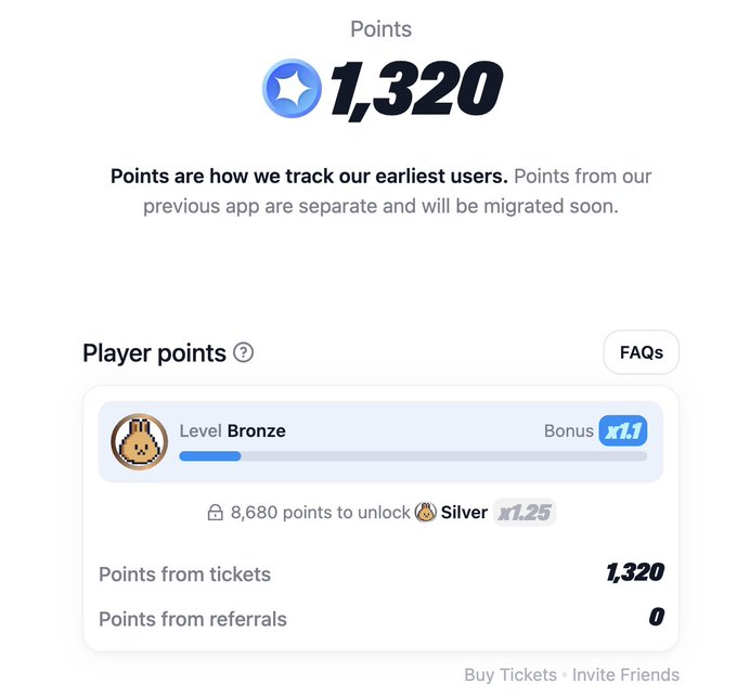 A points dashboard showing 1,320 total points with a Bronze level status and a 1.1 bonus multiplier, indicating 8,680 points needed to reach Silver level.
