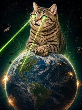 A cat sitting on Earth shooting green laser beams from its eyes in a cosmic scene.