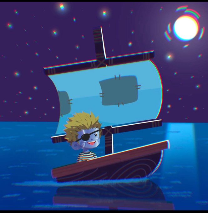 An animated illustration of a blonde character with an eye patch sailing a small wooden boat at night under a starry sky with a bright moon.