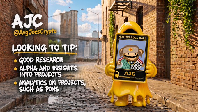 A yellow cartoon character holding a "MOTION ROLL CALL" sign with "AJC" stands on a cobblestone street with the Brooklyn Bridge in the background, while text promotes @AvgJoesCrypto as a "Motion Tipper" seeking research, alpha, project analytics, and fun for V2 tipping.