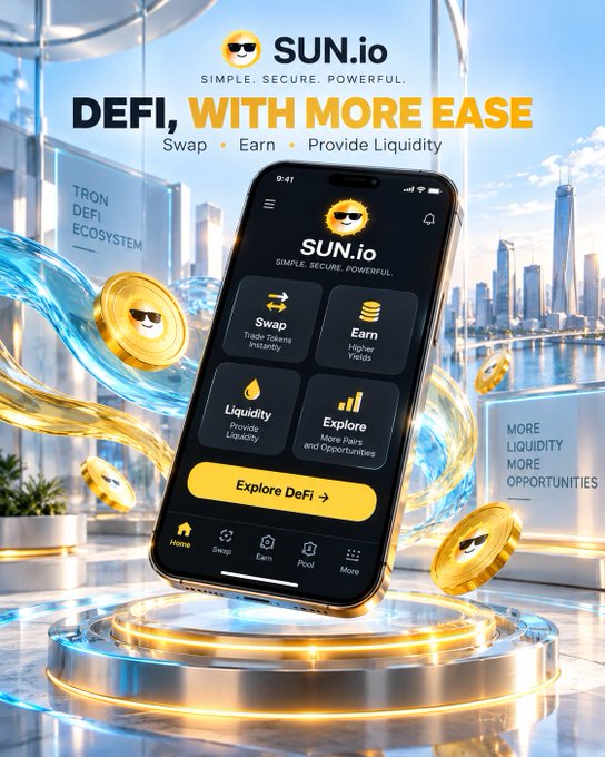 A smartphone displays the SUN.io DeFi interface featuring Swap, Earn, Liquidity, and Explore options, with golden "S" coins orbiting the device against a futuristic cityscape, visually reinforcing the post's message of making DeFi tools more accessible and user-friendly within the TRON ecosystem.